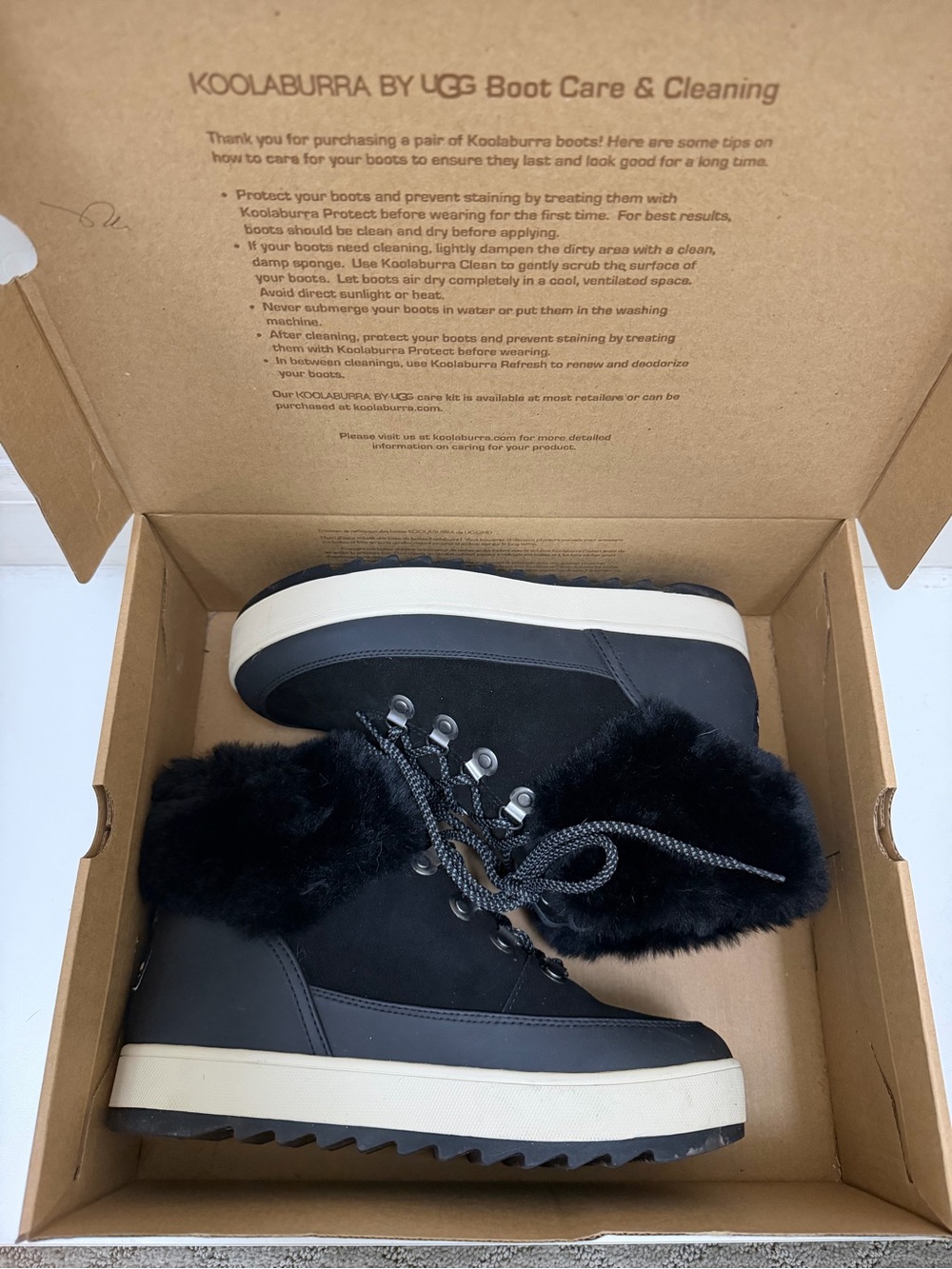 Koolaburra by UGG Tynlee Black Faux Fur Lace-Up Winter Boots with Cream Sole
